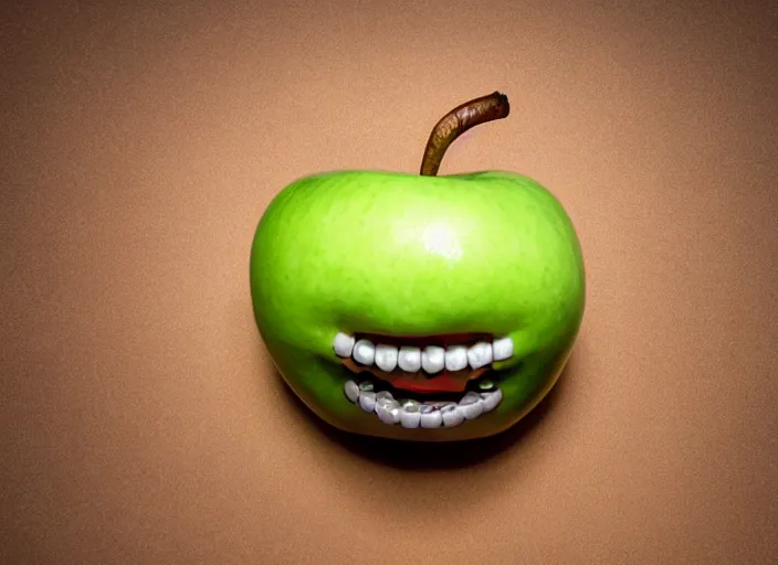 Image similar to photo still of an apple with human teeth, 8 k, studio lighting bright ambient lighting key light, 8 5 mm f 1. 8