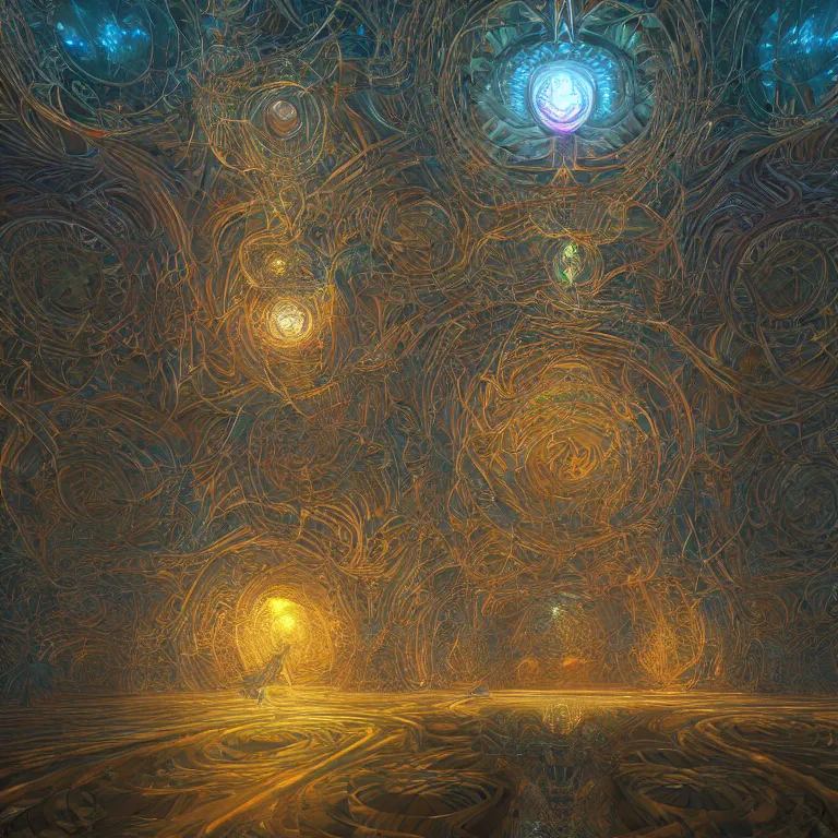 Image similar to a deep perspective photo real render of tribal glowing fractals and ornate flowing light streams sacred geometry, by beeple, by donato giancola, unreal engine