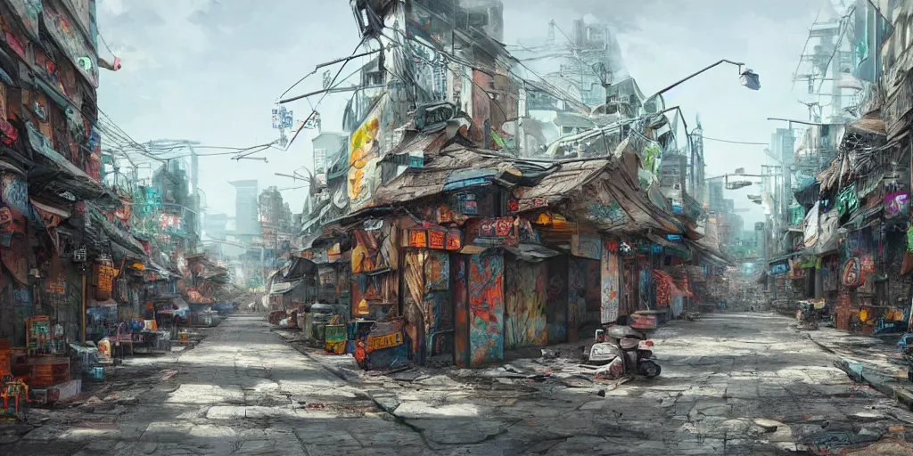 Prompt: an intricate concept art of an asian street with makeshift shacks and graffiti, ultra realistic, style by feng zhu and artgerm, trending on artstation, cgsociety, 8 k, octane render, high contrast, 3 d render, cgi, cinematic lighting