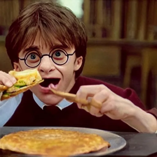 Image similar to Harry Potter eating a cheeseburger, photo realistic, award-winning, highly-detailed, epic, cinematic, dramatic