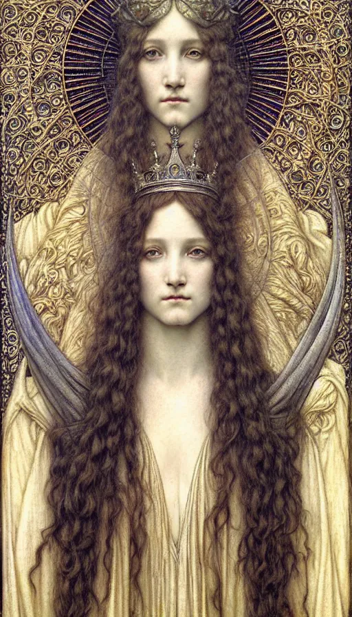 Image similar to detailed realistic beautiful young medieval queen face portrait by jean delville, gustave dore and marco mazzoni, art nouveau, symbolist, visionary, gothic, pre - raphaelite. horizontal symmetry