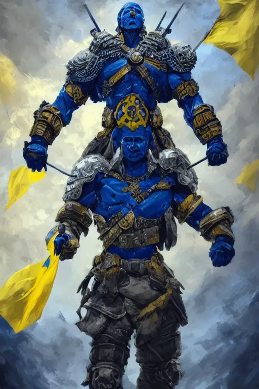 Image similar to a distant shot from below of a Ukrainian super soldier with blue and yellow flag behind him standing alone on a huge pile of skulls posing as a winner, masculine muscular figure, D&D, fantasy, intricate, elegant, highly detailed, extremely detailed, digital painting, artstation, concept art, matte, smooth, hyper realistic, sharp focus, illustration, art by Artgerm and Greg Rutkowski and Alphonse Mucha