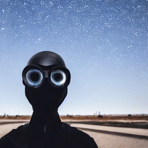 Image similar to photograph of a techwear woman, closeup, on a desert road with a futuristic city in the horizon, sigma 85mm f/1.4, 4k, depth of field, high resolution, 4k, 8k, hd, full color