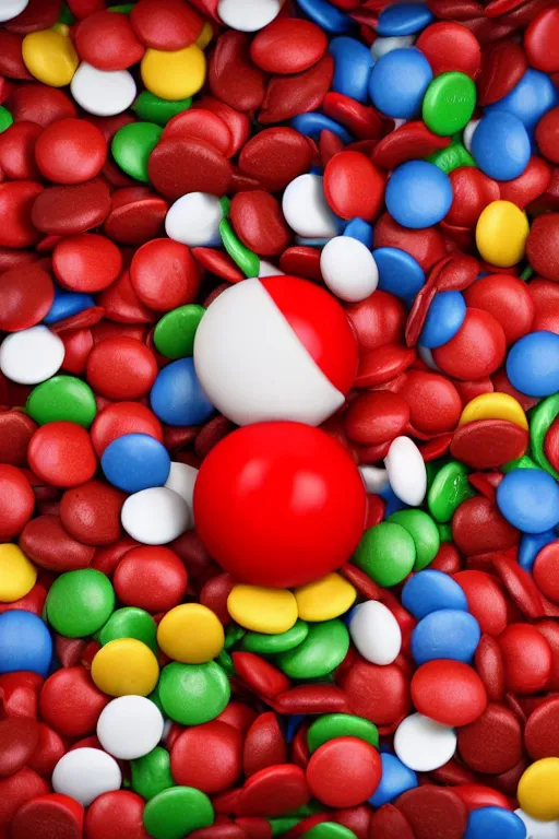 Image similar to a single red m & m candy with white arms and legs, a red sphere wearing a white baseball cap, eminem as the red m character standing on a floor covered with m & m candies, m & m candy dispenser!!!, m & m plush, unreal engine, studio lighting, unreal engine, volumetric lighting, artstation, professional food photography