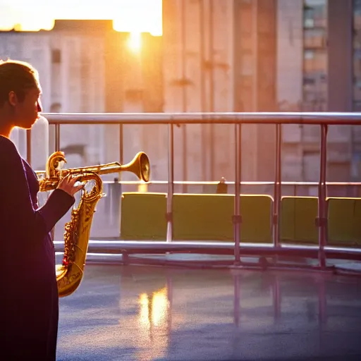 Image similar to a woman playing the saxophone on the roof of a building while it's raining, photo, golden hour