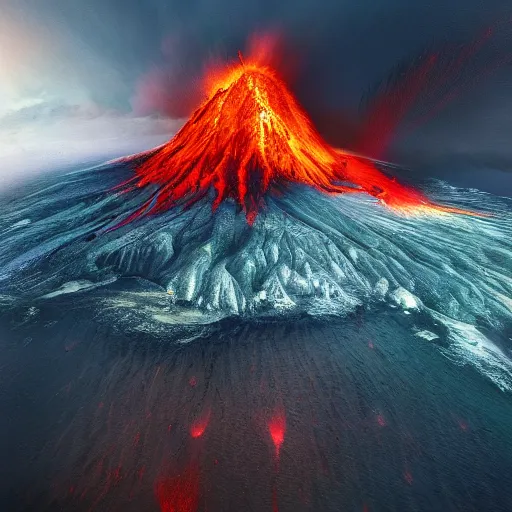 Prompt: Detailed digital render and digital dynamic painting of krakatoa eruption in indonesia and tsunami by Pascal Blanché and James Gurney, vibrant and vivid, smooth, soft, high contrast, HDR, 4k, stars, octane, hyperrealistic