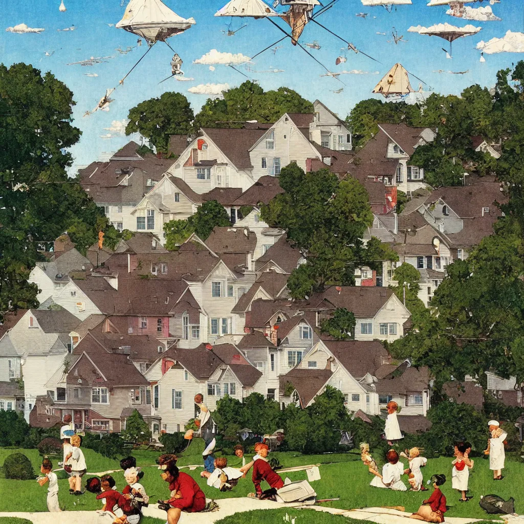 Prompt: Norman Rockwell painting of a peaceful suburban neighborhood on a summer day with the subtle massive triangular alien mothership floating above, very wide shot, long shot, Wes Anderson