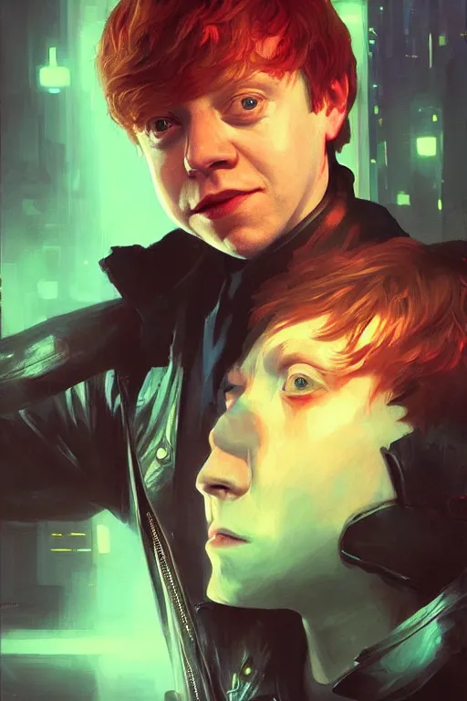 Image similar to portrait of Rupert Grint as Ron Wisly in cyberpunk, neon lighting, night city, digital art from artstation by Ruan Jia and Mandy Jurgens and Artgerm and william-adolphe bouguereau and Greg Rutkowski