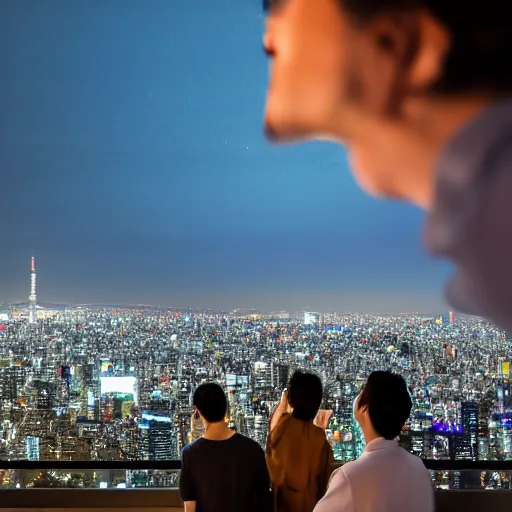 Prompt: two caucasian nerds looking out over the lights of Tokyo, from the perspective of the city, 8k,