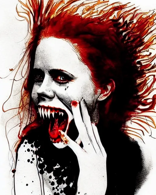 Image similar to style of ralph steadman : : gorgeous vampire amy adams : : sharp teeth fangs, open mouth sneer : : symmetrical face, symmetrical eyes : : gorgeous red hair : : magic lighting, low spacial lighting : :