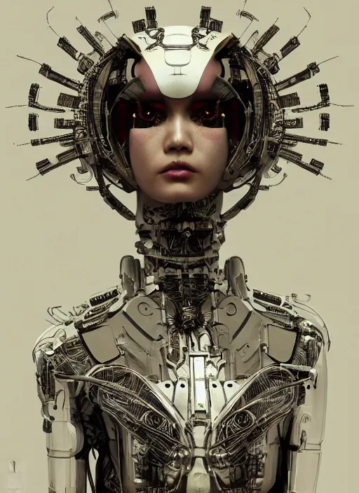 Image similar to close up portrait of a futuristic geisha cyborg, in the style of ghost in the shell, kintsugi, modern fine art, fractal, intricate, elegant, highly detailed, digital photography, richard avedon and greg rutkowski,
