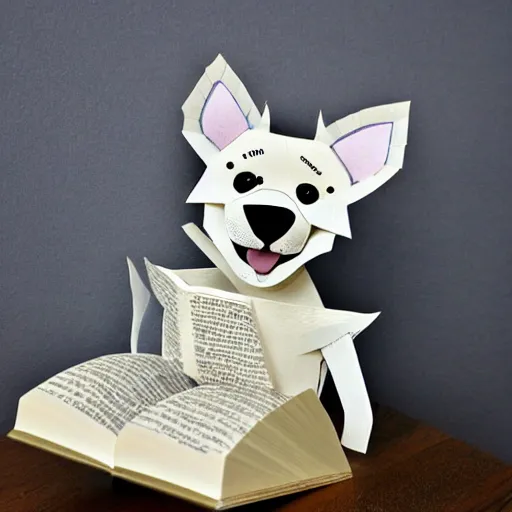 Image similar to cut paper sculpture of a cute husky pup reading a book