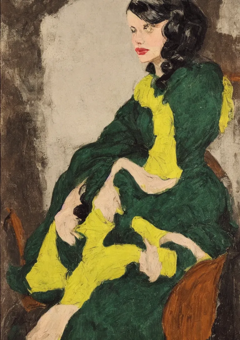 Image similar to a portrait of a young woman from the fifties, seated in front of a landscape background, her black hair is a long curly, she wears a dark green dress pleated in the front with yellow sleeves, puts her right hand on her left hand, mannerism