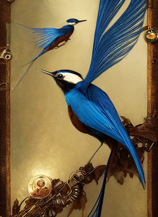 Image similar to hyper realistic paradise flycatcher, refined details, denoised, birds eye view, magical, gems, jewels, gold, steampunk, cyberpunk utopia, painted by tom bagshaw, mucha, gaston bussiere, craig mullins, j. c. leyendecker 8 k