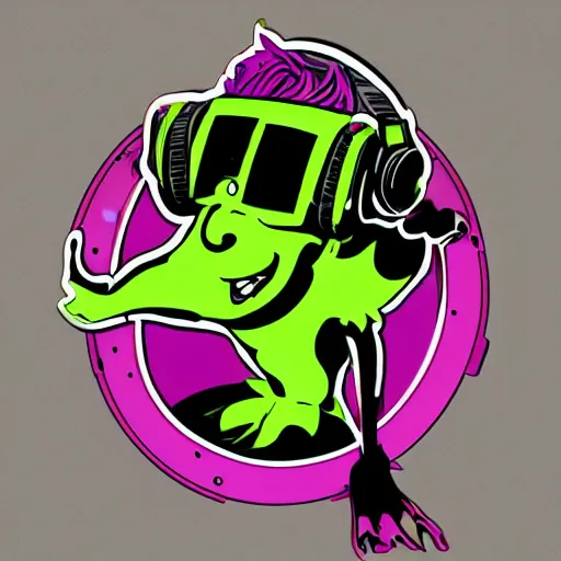 Image similar to svg sticker of a Pop-Wonder Alien-Bog-Monster-Swamp-Rat-Thunder-Coot-Racing-Fan at a rave, spinning records, giant headphones rocking out, wearing headphones, huge speakers, dancing, rave, DJ, spinning records, digital art, amazing composition, rule-of-thirds, award-winning, trending on artstation, featured on deviantart