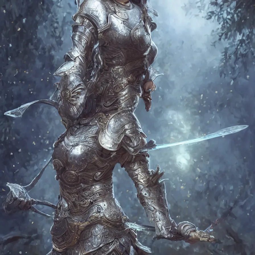 Prompt: A full length portrait of a mystical female warrior in shiny armor in an enchanted zen garden, by Artgerm, sci-fi, fantasy, intricate, very very beautiful, elegant, highly detailed, digital painting, artstation, concept art, smooth, sharp focus, Cinematic Lighting, Unreal Engine, 8k, HD