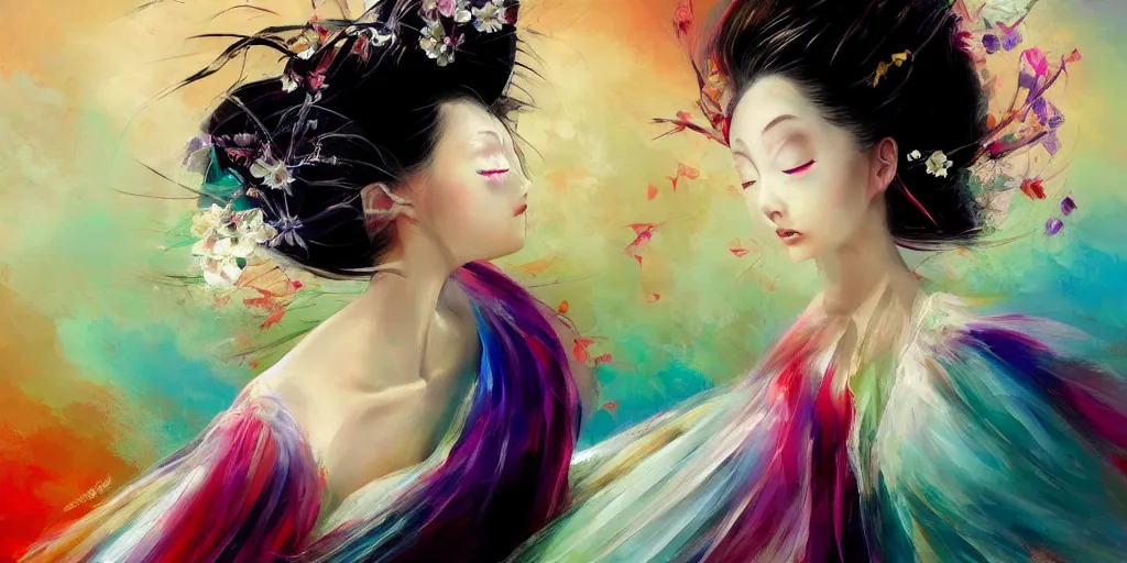 Prompt: Beautiful ethereal geisha prima ballerina dancing in the wind, volumetric lighting, elegant, fluid, highly detailed oil painting, digital painting, concept art, smooth, sharp focus, illustration, strong lines and bold colors, limited color palette, atmosphere and tension, Japanese,manga, trending on artstation