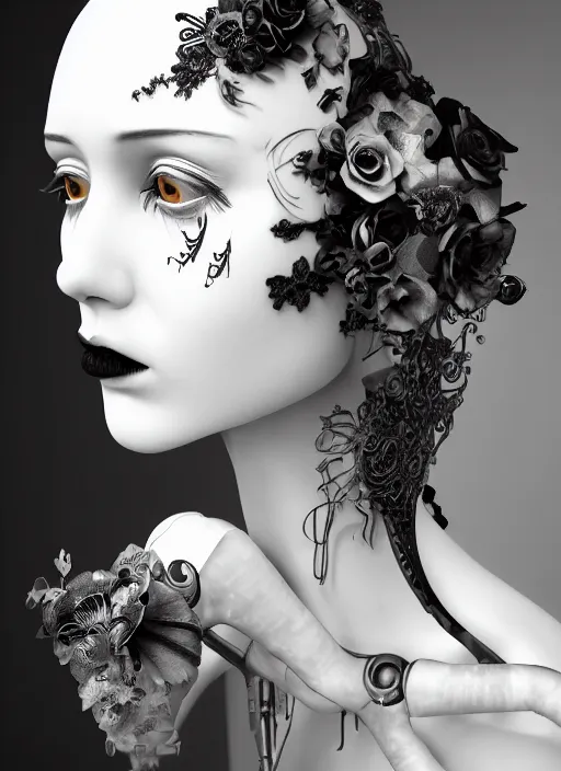 Image similar to black and white dreamy foggy poetic smoky profile face portrait, one silver steampunk realistic eye biomechanical beautiful angelic young female cyborg - robot bust, body ribs meshes,, volumetric light, hibiscus flowers, rim light, big gothic fashion pearl embroidered collar, 1 9 3 0, 8 k
