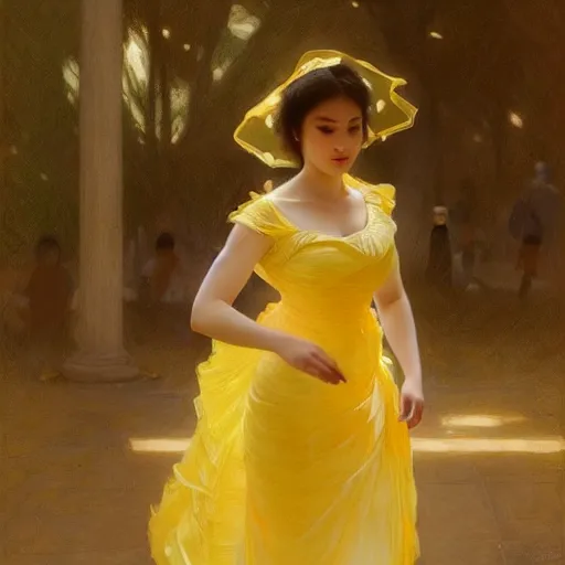 Prompt: a woman in a yellow organza dress dancing, intricate, elegant, realistic, smooth, sharp focus, rim light, illustration, by ruan jia and mandy jurgens and william - adolphe bouguereau, artgerm