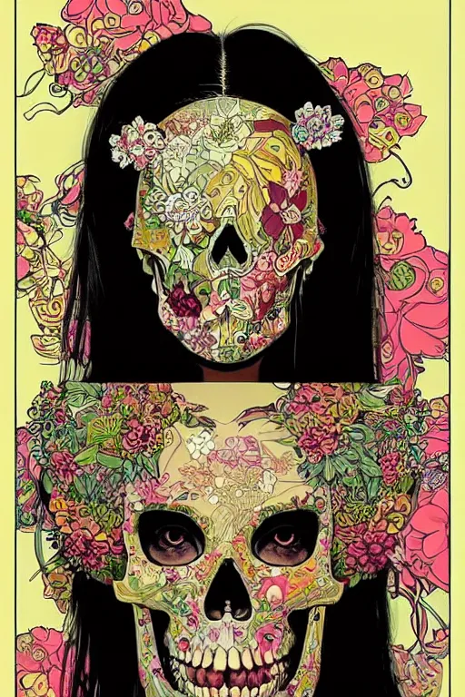 Image similar to beautiful skull portrait girl female illustration detailed patterns art of thai traditional dress, pop art, splash painting, art by geof darrow, ashley wood, alphonse mucha, makoto shinkai