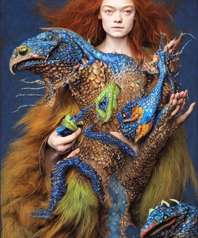 Prompt: a portrait photograph of a meditating fierce sadie sink as a colorful harpy hawk super hero with blue spotted slimy skin with scales. her body is transforming into a amphibian beast. by donato giancola, hans holbein, walton ford, gaston bussiere, peter mohrbacher and brian froud. 8 k, cgsociety, fashion editorial