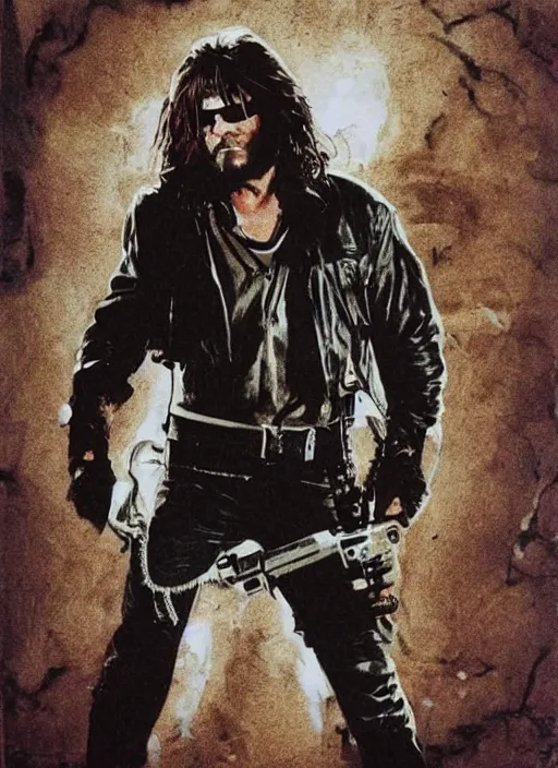 Image similar to Kurt Russell as Snake Plissken Escape From New York, Movie Inspired, mixed media, tritone, pinterest