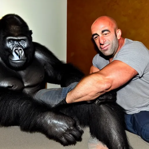 Prompt: joe rogan spooning with a gorilla in a five start hotel, honeymoon photoshoot