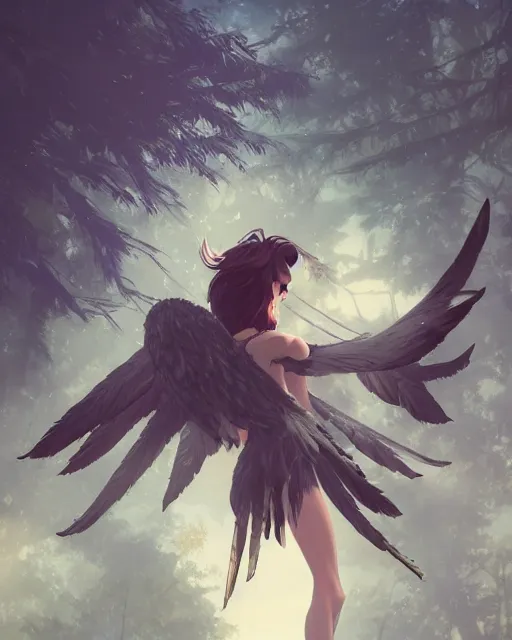 Image similar to a female anthropomorphic eagle warrior. She has two wings on her back. Her skin is covered in feathers. Forest, clearing. Full shot, wings are focus. Atmospheric lighting, By Makoto Shinkai, Stanley Artgerm Lau, WLOP, Rossdraws, James Jean, Andrei Riabovitchev, Marc Simonetti, krenz cushart, Sakimichan, D&D trending on ArtStation, digital art.