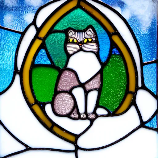 Prompt: A stained glass window depicting a shiny Ragdoll cat sitting by snow mountains