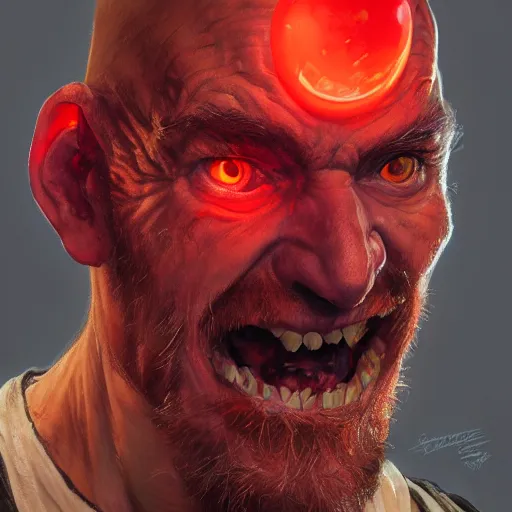 Image similar to portrait of a red bald man with black eyes and a black teeth, horror, glowing eyes, by Stanley Artgerm Lau , greg rutkowski, thomas kindkade, alphonse mucha, loish, norman rockwell. Trending on artstation detailed illustration hd 4k