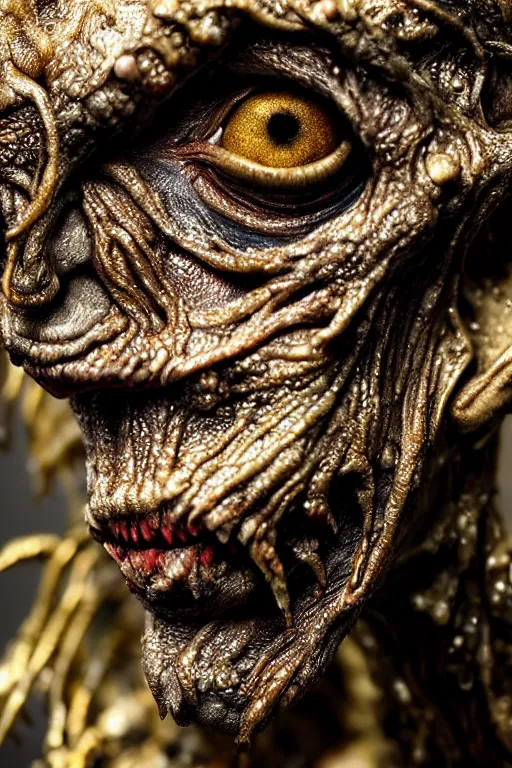 Prompt: photo taken of an epic intricate, ultra detailed, super realistic gritty, wet, slimy, lifelike sculpture of a nightmarish hellish ghoulish creature created by weta workshop, zoomed in shots, photorealistic, sharp focus, white wall coloured workshop, cold blueish colour temperture, f 0. 4, face centred, golden ratio, golden hour