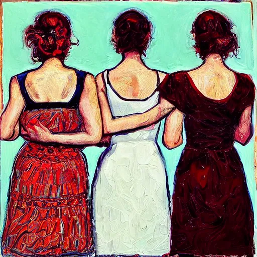 Prompt: three sisters look into the mirror, blonde and brunette, beautiful, white and red dresses, one woman turns away, wealthy women, Chuck close