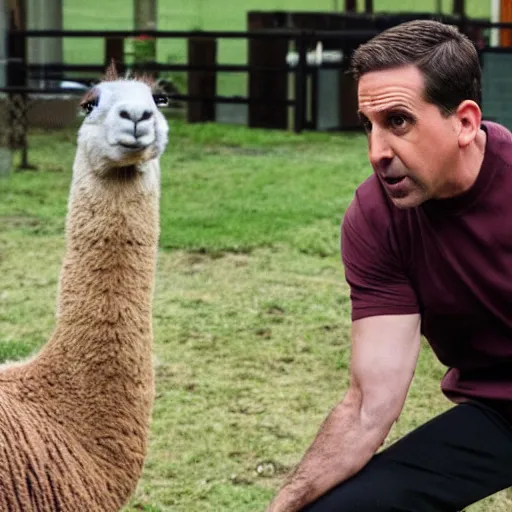 Image similar to High quality photo of Michael Scott doing parkour with a llama