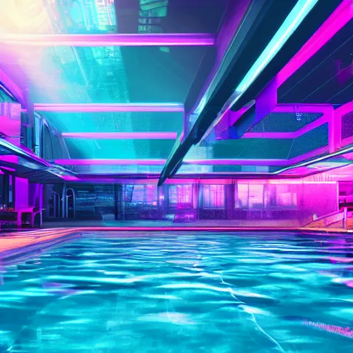 Image similar to A ray of light glimmering over a pool in a futuristic setting, cyberpunk, neon lights, pastel colours