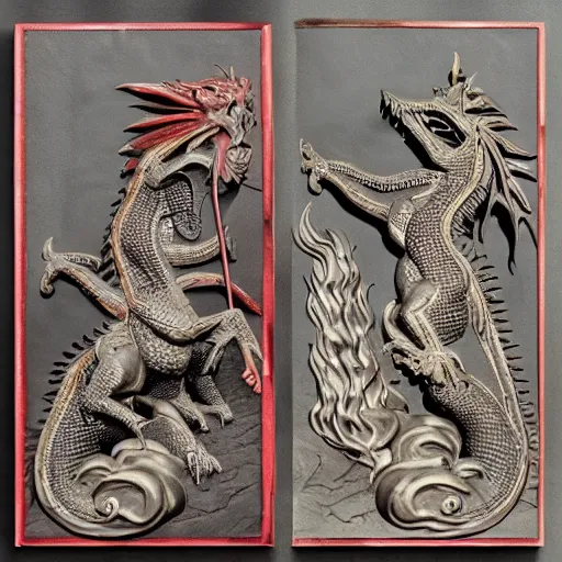 Image similar to bas relief fire-breathing dragon vs female knight with flowing hair