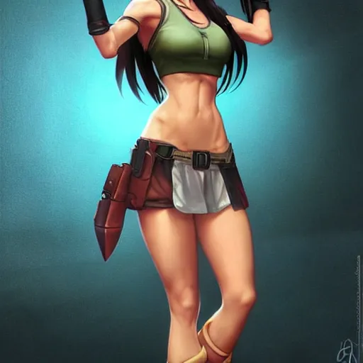 Prompt: tifa lockhart wearing yuffie kisaragi's outfit!!!, cg art, realistic, character select portrait, by artgerm, greg rutkowski, alphonse mucha, 3 d