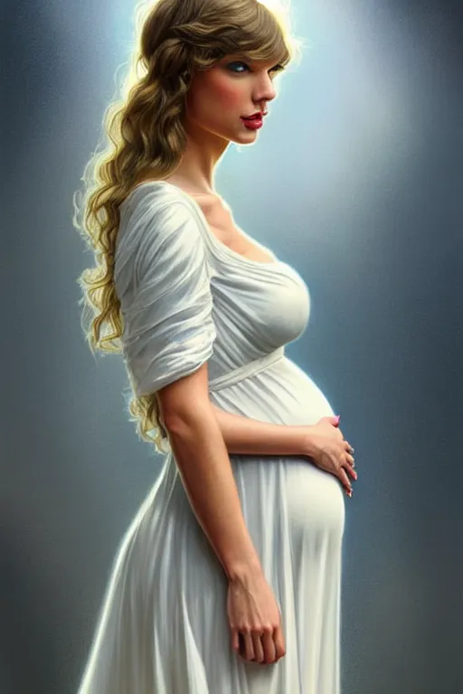 Image similar to pregnant taylor swift in a white dress, realistic portrait, symmetrical, highly detailed, digital painting, artstation, concept art, smooth, sharp focus, illustration, cinematic lighting, art by artgerm and greg rutkowski and alphonse mucha