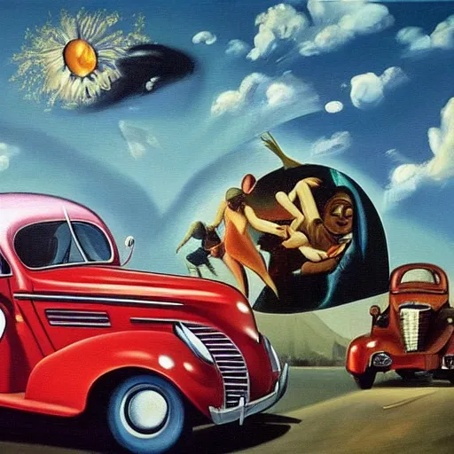 Prompt: a beautiful surrealist painting depicting being stuck in traffic. oil on canvas, 1 9 4 0. trending, high quality, high resolution, detailed