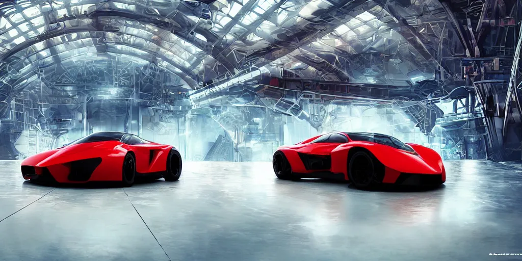 Image similar to kama russian electrocar, inside futuristic hangar, red car, sharp focus, ultra realistic, ultra high pixel detail, cinematic, intricate, cinematic light, concept art, illustration, art station, unreal engine 8 k