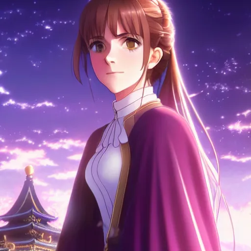 Image similar to medium portrait emma watson in heavens feel movie, detailed face, violet evergarden, tokyo, ufotable, key visual, cinematic, city background, night time, street, fate stay night, unlimited blade works, greg rutkowski, high resolution, street clothes, anime, high budget