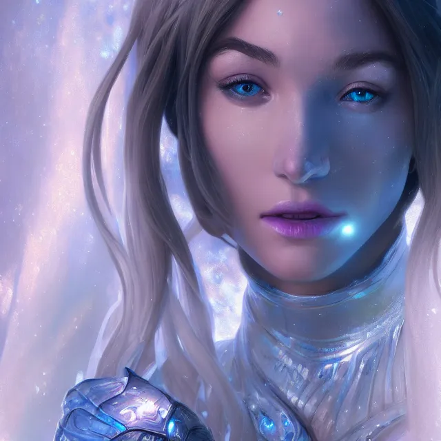 Prompt: close up portrait of a beautiful fantasy female ice warrior wearing shiny crystal armor, subsurface scattering, ethereal, artistic, ice palace background with light rays, fantasy atmosphere. art by artgerm, greg rutkowski and alphonse mucha, 3 d artstation octane render,