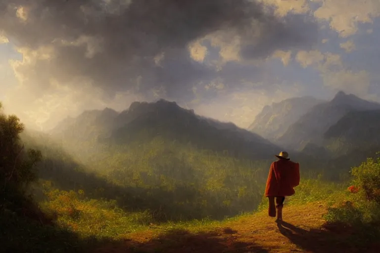 Image similar to a traveler wandering trough the mountains looking at the clouds, very detailed, oil painting, cinematic lighting, albert bierstadt, trending on artstation, colorful, canvas, sunset, hans dahl, grey cloak, brimmed hat, old man