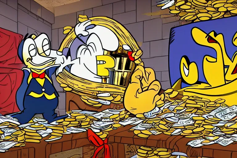 Image similar to Scrooge McDuck reacting to the Bitcoin crash, 8k, real photo, CryEngine