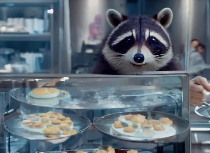 Prompt: film still of Rocket Racoon working as a pastry chef in the new Avengers movie, 4k