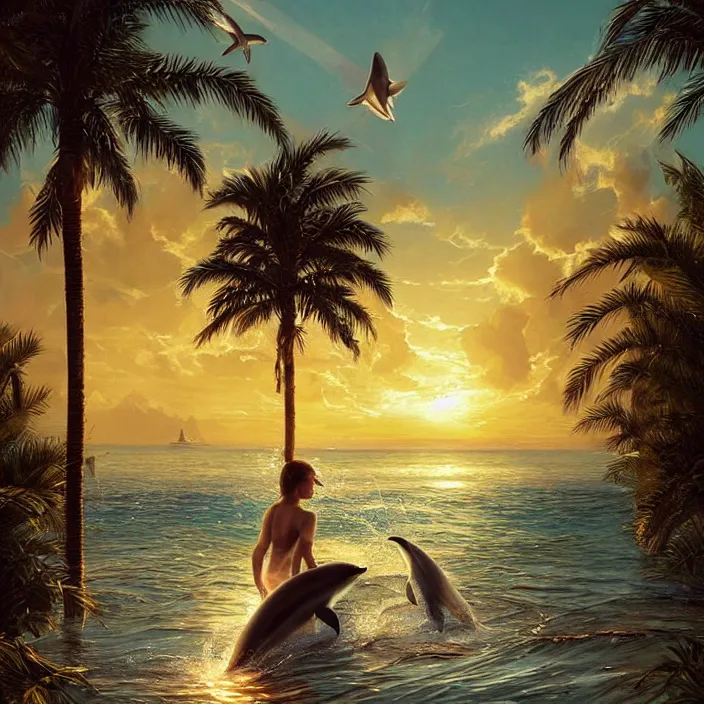 Prompt: dolphin swimming, golden hour, god rays, by tom bagshaw and artgerm and ismail inceoglu and greg olsen, palm trees, masterpiece, beautiful, intricate, elegant, highly detailed
