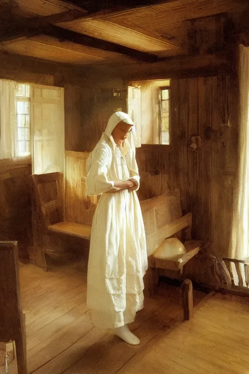 Prompt: sunday morning in a simple wooden paneled small amish shaker style cottage chapel, bench pews, light streaming in, art by anders zorn, wonderful masterpiece by greg rutkowski, beautiful cinematic light, american romanticism thomas lawrence, greg rutkowski