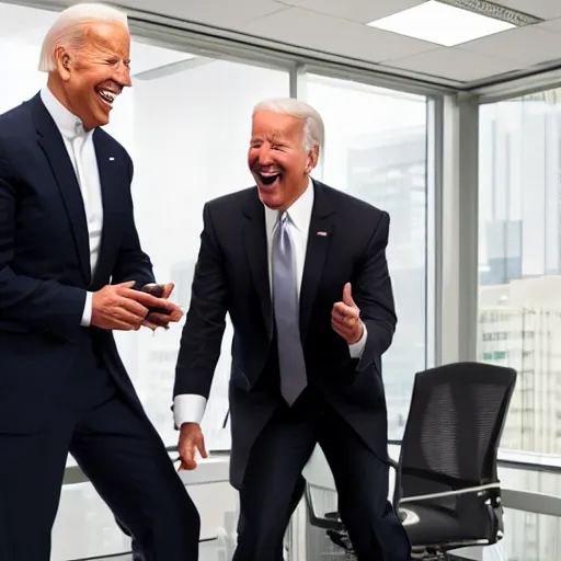 Image similar to stock photo of kim kardashian, and joe biden wearing suits and ties laughing in an office building, 8k resolution, full HD, cinematic lighting, award winning, anatomically correct