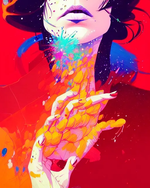 Prompt: a ultradetailed beautiful panting of a woman with a colorful explosion coming out of her hands, by conrad roset, greg rutkowski and makoto shinkai, trending on artstation