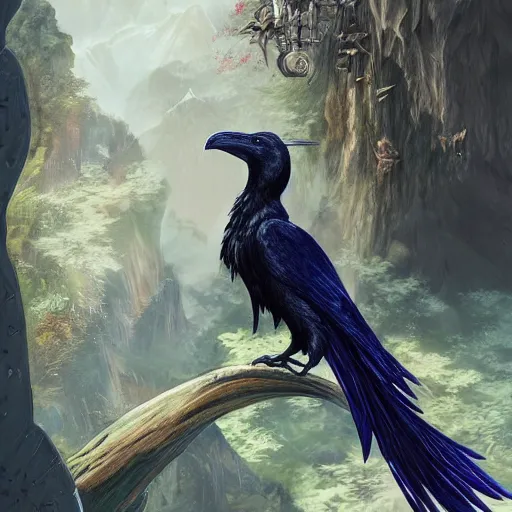 Image similar to full body illustration of raven watching the world! underneath, d & d, fantasy, intricate, elegant, highly detailed, digital painting, artstation, concept art, smooth, sharp focus, illustration, art by dragolisco