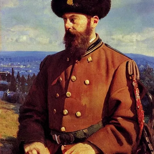 Prompt: portrait of russian tsar in Cap of Monomakh watching smartphone masterpiece painting by vasnetsov and surikov serov, JEAN-VICTOR BERTIN, by Terence Cuneo, detailed, artfully traced, 4k resolution, cinematic, dramatic